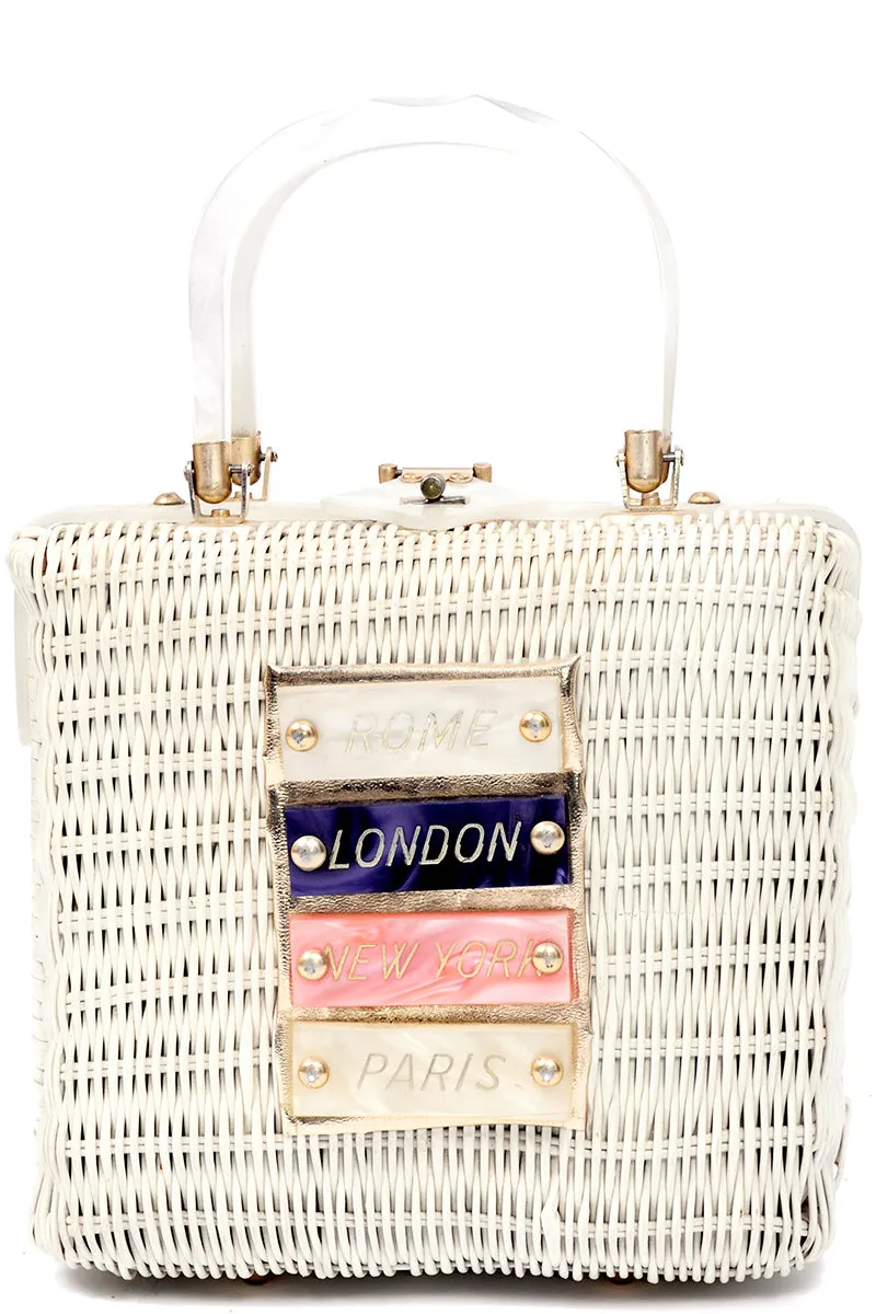 1960s Novelty White Wicker Lucite Vintage Handbag Rome London Paris