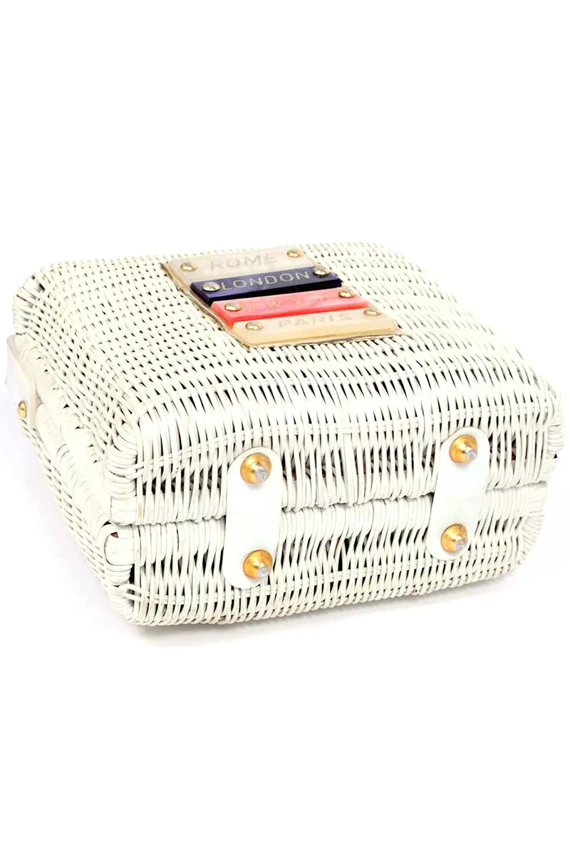 1960s Novelty White Wicker Lucite Vintage Handbag Rome London Paris