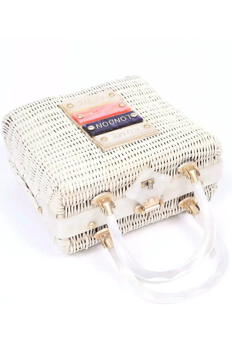 1960s Novelty White Wicker Lucite Vintage Handbag Rome London Paris