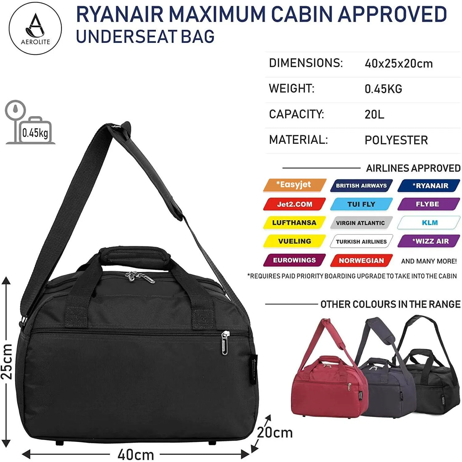 Aerolite Ryanair Max Bundle (55x40x20cm Priority Suitcase   40x20x25cm Holdall), 2 Piece Carry On Hand Cabin Luggage Set Bundle