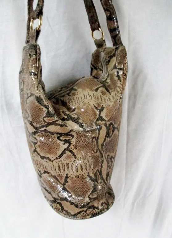 ATALLA HANDBAGS USA SNAKESKIN LEATHER Satchel Hobo Bag Bucket Sling BROWN Boho