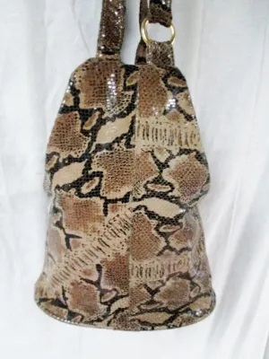 ATALLA HANDBAGS USA SNAKESKIN LEATHER Satchel Hobo Bag Bucket Sling BROWN Boho