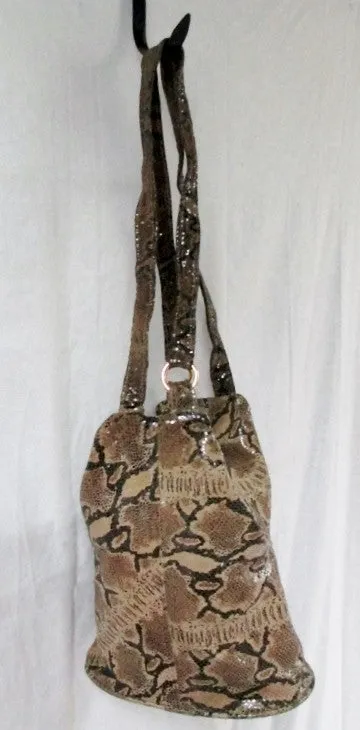 ATALLA HANDBAGS USA SNAKESKIN LEATHER Satchel Hobo Bag Bucket Sling BROWN Boho