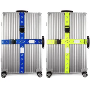 Blue and yellow luggage cross strap suitcase belts with baggage label