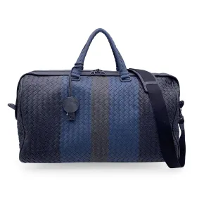 Bottega Veneta Black Blue Intrecciato Leather Duffel Bag with Strap