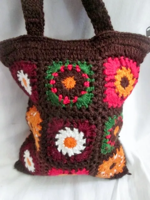 FAR NINE Crochet GRANNY SQUARE Blanket COLORFUL Hippie Tote Clutch BROWN