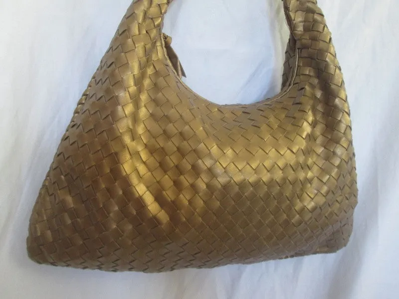 GIANNINI Woven Faux Leather Vegan Handbag Satchel Hobo Bag GOLD METALLIC