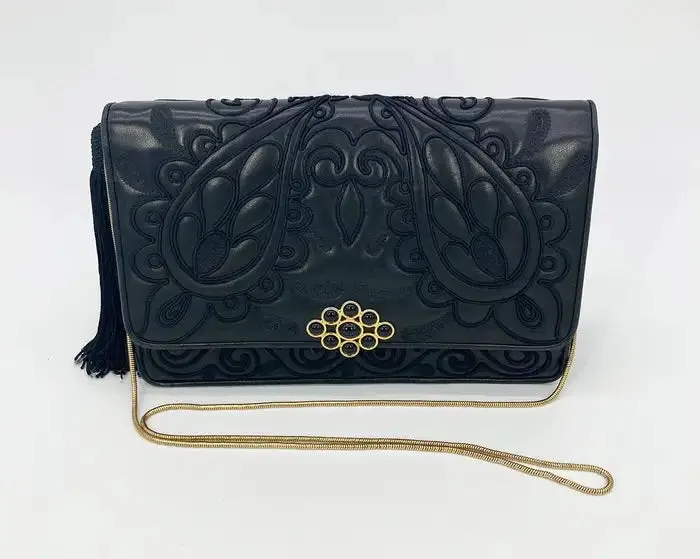 Judith Leiber Black Embroidered Leather Tassel Clutch