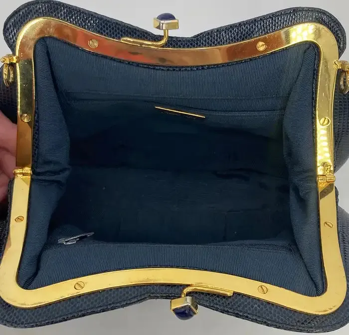 Judith Leiber Navy Lizard Lapis Stone Clutch