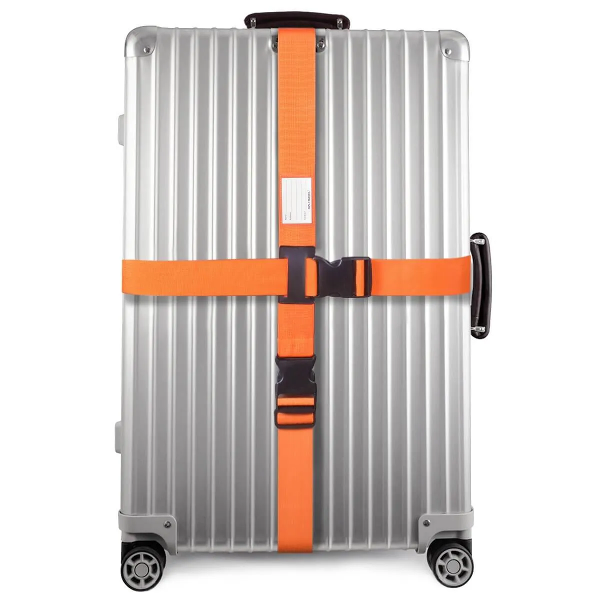 Orange luggage cross strap suitcase belts with baggage label tag