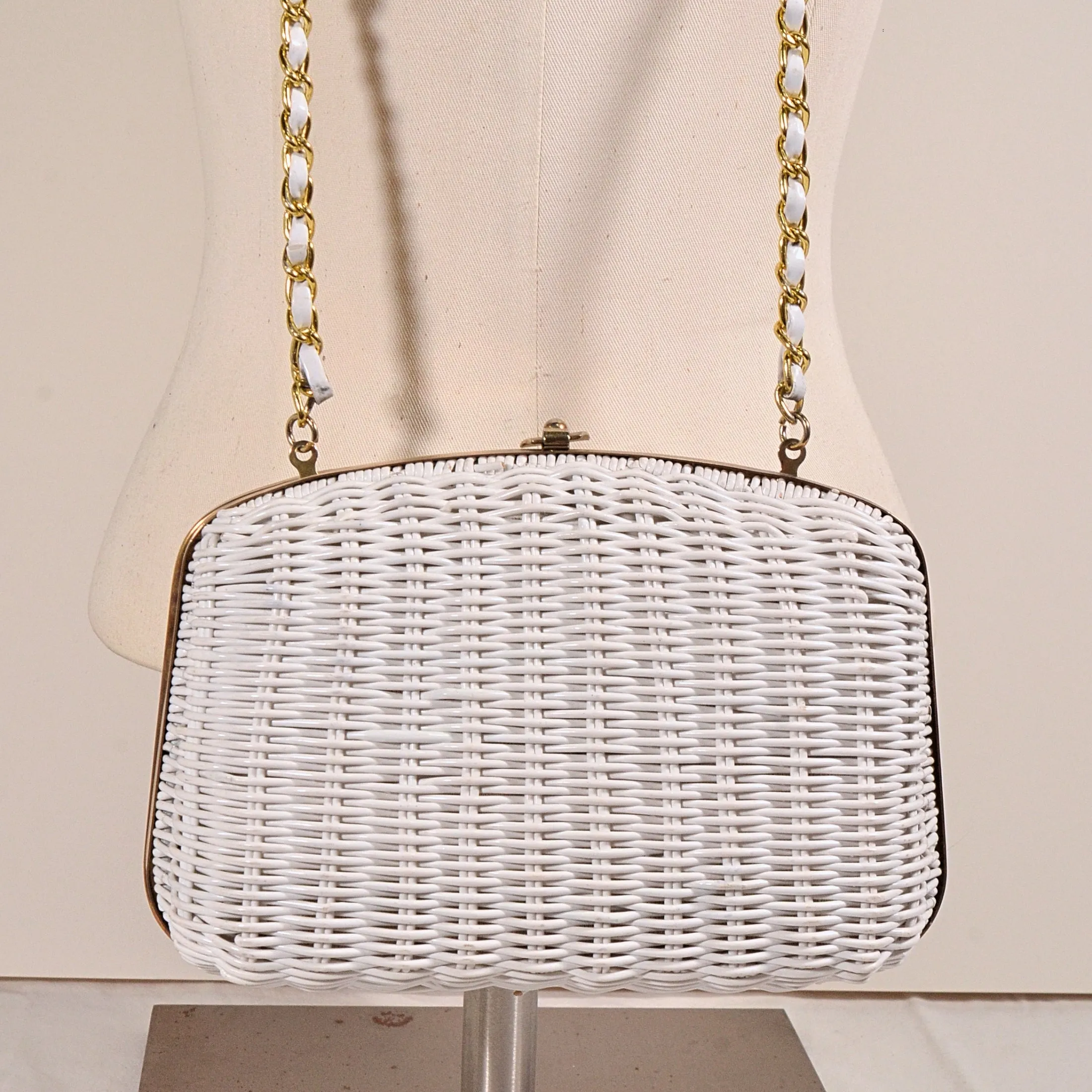 SOLD Vintage 60s White Vinyl Wicker Shoulder Handbag, Clutch Bag by Waves