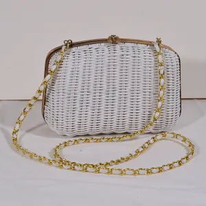 SOLD Vintage 60s White Vinyl Wicker Shoulder Handbag, Clutch Bag by Waves