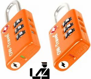 TSA luggage locks. Orange suitcase bag padlocks with inspection alert