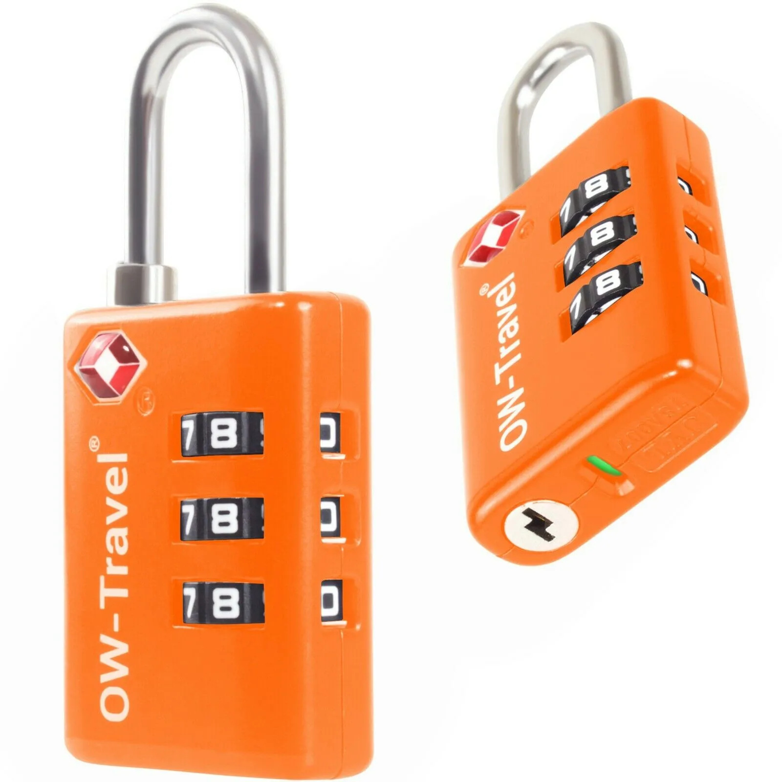 TSA luggage locks. Orange suitcase bag padlocks with inspection alert